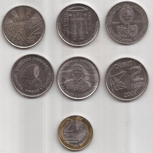 7 Monedas Conmemorativas De 2 Pesos Malvinas Ecvita Ddhh (Usado)