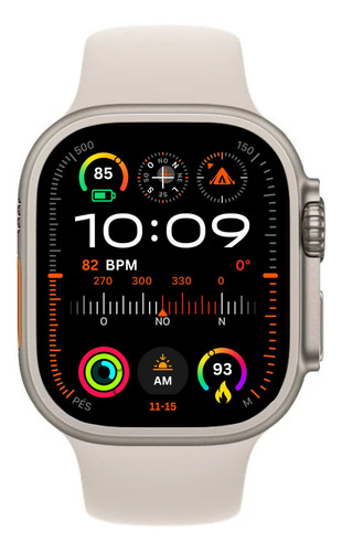 Smartwatch P/ iPhone Ultra 3 Pro Max 49mm Amoled C/ Nfc Gps Caixa Prateado Pulseira Bege