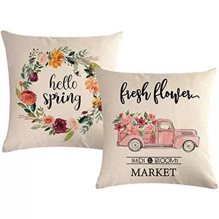 2 Fundas De Almohada De Primavera Hello Spring Wreath/...