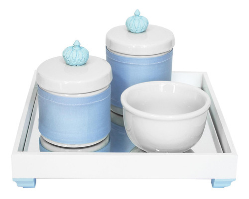 Kit Higiene Bebê Porcelanas Cotonete Molhadeira Coroa Azul