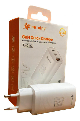 Carregador Turbo Usb + 2*usb-c 65w Gan Fast Charger Cor Branco