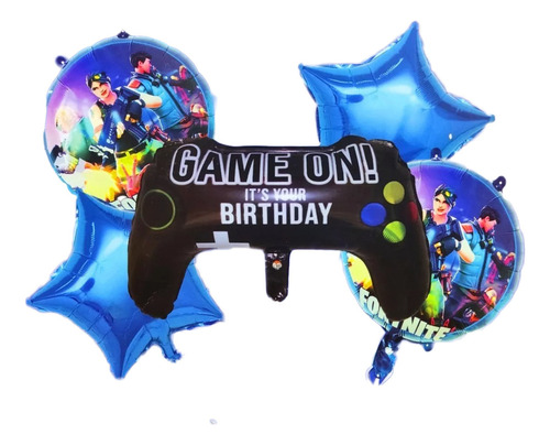 Bouquet Globos Fortnite Video Juego Azul Control Gamer