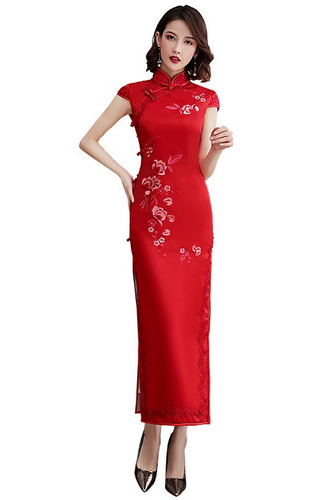 Vestido Ajustado Con Ribetes De Encaje Cheongsam Bordado En