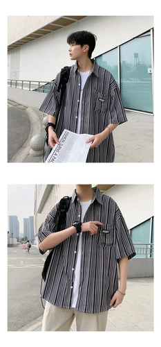 Camisa De Manga Corta A Rayas Para Hombre, Estilo Casual Hip