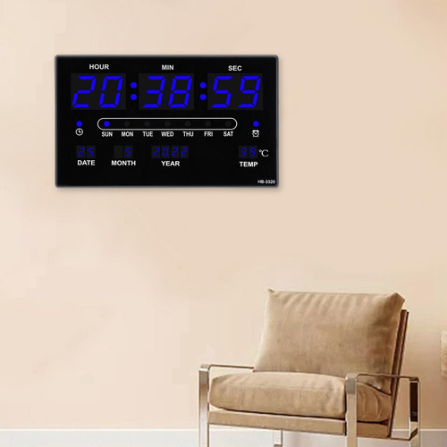 Reloj De Pared Digital Con Temperatura Interior Fecha Y Azul