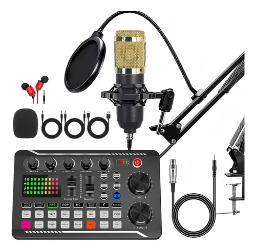 Kit Microfone Bm800 Placa De Som Prof F998 Podcast Gamer Pc