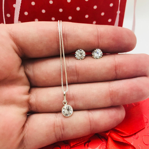 Conjunto Colar Pingente Brinco Prata 925 Ponto Luz 6mm Lindo