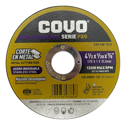 Disco Covo Serie Pro Corte  Metal 4 1/2 X1/20 7/8 