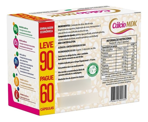 Kit 6 Vitamina Cálcio Mdk 90 Cápsulas 1850mg - La San-day Sem Sabor