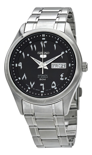 Relógio Masculino Seiko 5 Sports Arabic Dial Correia Prateado Bisel Prateado Fundo Preto