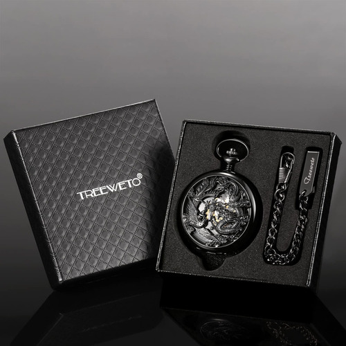 Reloj De Bolsillo Mecánico Dragón Fénix Negro Con Caja Regal Color