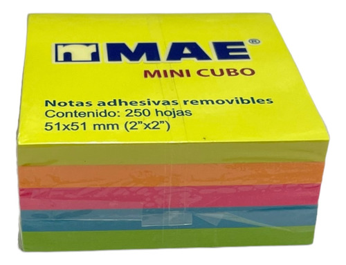 Mini Cubo Notas Adhesivas 5x5cm Mae 250 Hojas 5 Colores Neon