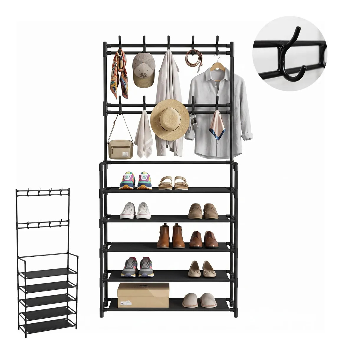 Perchero Zapatera 2 en 1 Organizador Rack Estante con Ganchos Color Negro