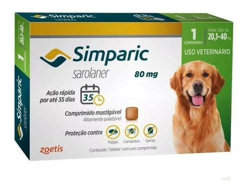 Simparic Caixa 1 Comprimido Cães 20 A 40 Kg 80 Mg Zoetis