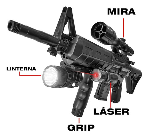 Imagen 2 de 9 de Rifle Airsoft M4 Spring Resorte 6 Mm Laser Linterna Balines