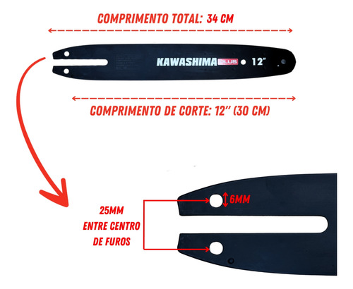 Sabre Saibro Barra Facão Kawashima 12 polegadas + 2 Correntes Passo 3/8 1,1mm