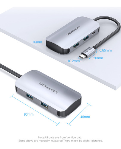 Hub USB Multipuerto Vention - 5 en 1 - Usb C + 4 Puertos Usb 3.0 + Power delivery USB C 100W - 5Gbps - Carcasa Aluminio - 15 CM - Premium Para Teclado / Disco rigido / Mac / Laptop - TGHHB