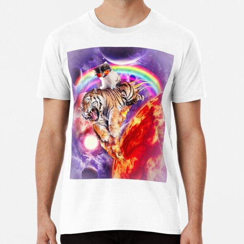 Remera Space Galaxy Cat Riding Tiger On Pizza Algodon Premiu