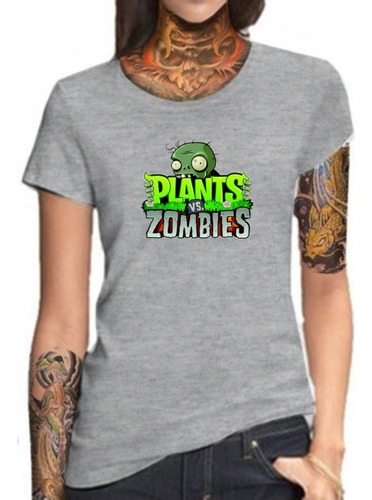 Remera Mujer Gris Sublimada Personalizada Plants Vs Zombies