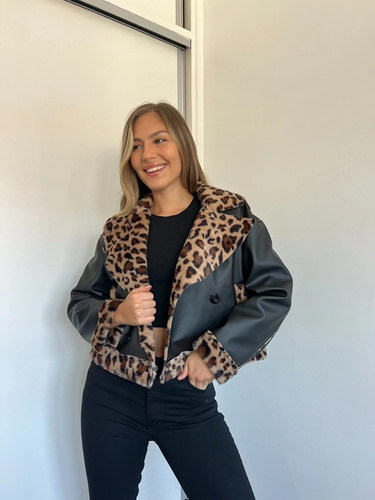 Campera Gamulan Eco Cuero Forrada En Corderito Animal Print