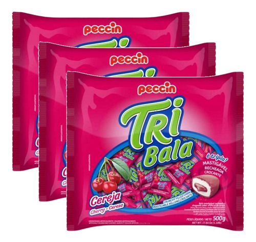 Kit 3 Bala Recheada Peccin Tribala Sabor Cereja Saco 500g