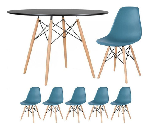 Kit Jantar Eames Mesa Redonda 120 Cm 5 Cadeiras Eiffel Cores Cor Da Tampa Mesa Preto Com Cadeiras Turquesa