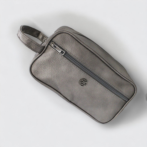 Neceser De Cuero Para Hombre, Kit De Viaje Bolso De Mano Color Gris Satin Diseño De La Tela Liso