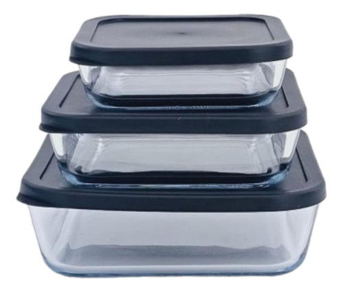 Set 3 Fuentes Vidrio Tipo Pirex Horno Micro Cuadradas Tapa Color Negro