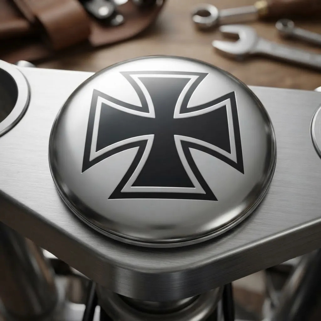 Emblema Adesivo Cruz De Ferro Metal Resinado 56mm Carro Moto Prata Com Detalhes Em Preto