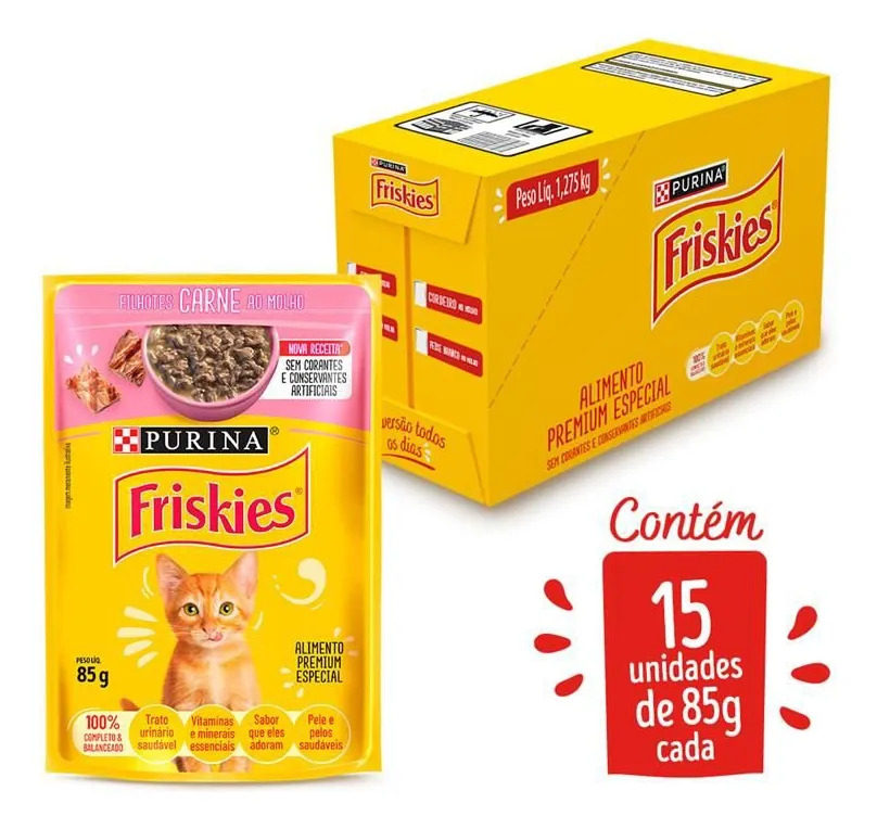 Ração Úmida Gatos Filhotes Friskies Carne 85g Kit 15 Uni