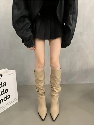 Botas Largas De Cuero Con Tacón Alto Y Punta Puntiaguda Para