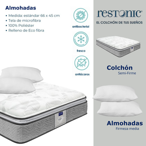 Colchón Matrimonial Restonic Ortopédico + 2 Almohadas Luxe Gris