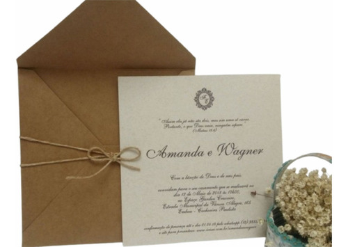 25 Kit Convites Rustico Casamento Completo 17x17cm Acessorio Cor Kraft Reciclato Branco