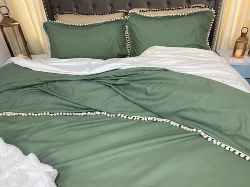 Imagen 3 de 4 de Funda Para Plumón Tipo Duvet Sencillo Borlas Verde Oliva