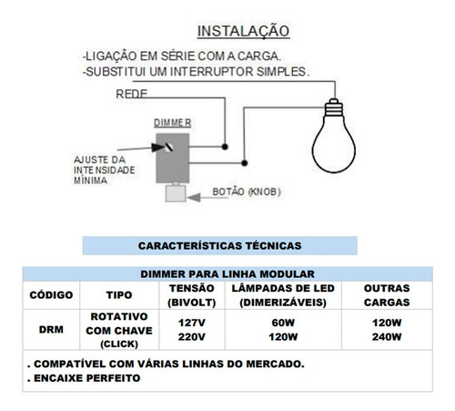 Imagem 4 de 7 de Dimer Rotativo Módulo Pial + Lâmpada Dimerizavel 10w 110v