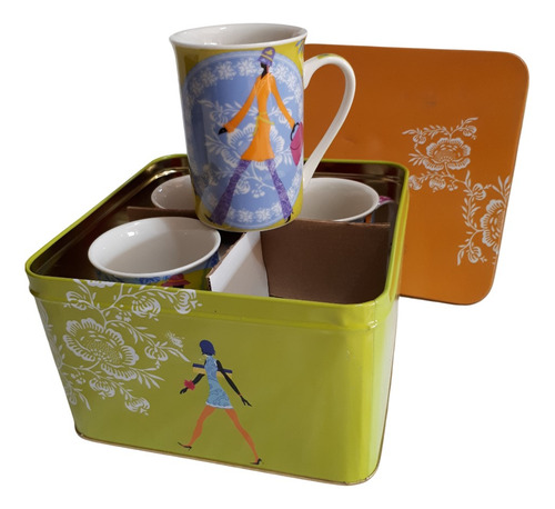 Set Lata Con 4 Tazas Te Cafe Diseño 10x7 Cm Cc C56