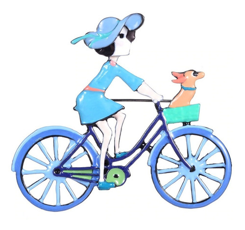 Pin Broche Artesanal Esmalte Mujer En Bicicleta Con Perrito 