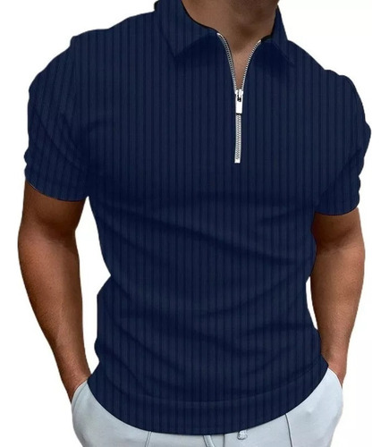 Camiseta Polo Para Hombre Con Rayas Y Cremallera 2024 Nuevo