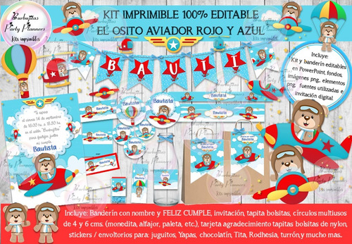 Kit Imprimible Candy Osito Aviador Rojo Y Azul 100% Editable