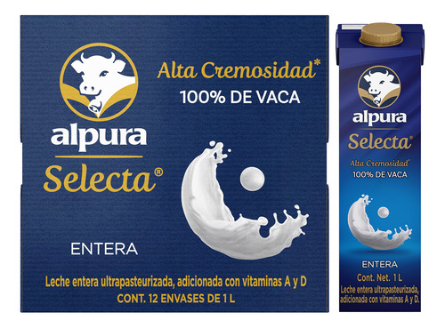 Alpura pack 12 cajas de leche entera selecta de 1 litro cada una