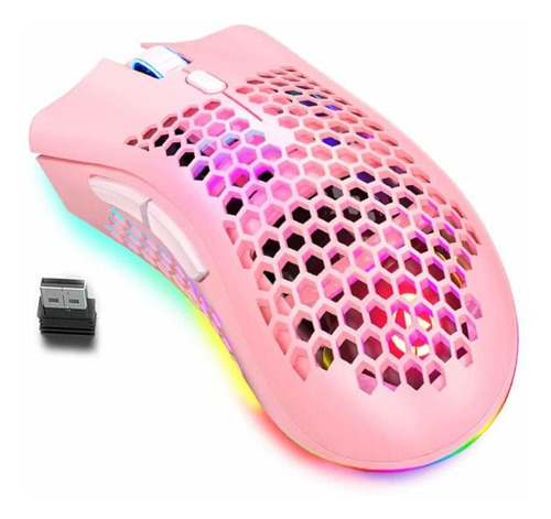 Mouse Inalámbrico Recargable Rosado C/ Luz Led Usb 6 Botones