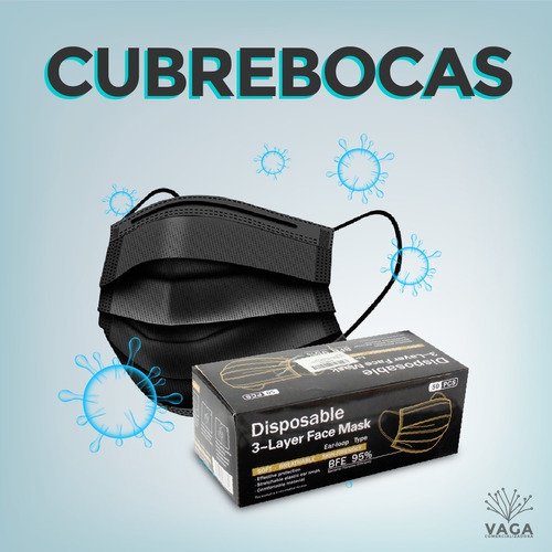 Cubrebocas Negro Plisado Tricapa Termosellado 50 Piezas Vaga