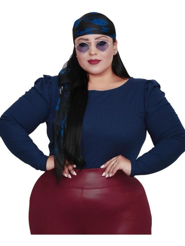 Blusa Canelada Manga Longa Princesa Plus Size Gola Canoa.