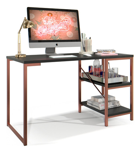 Escrivaninha MS Maciel & Signorini Mesa Com Prateleira Para Quarto Escritorio em Estilo Industrial Cor Cobre Preto