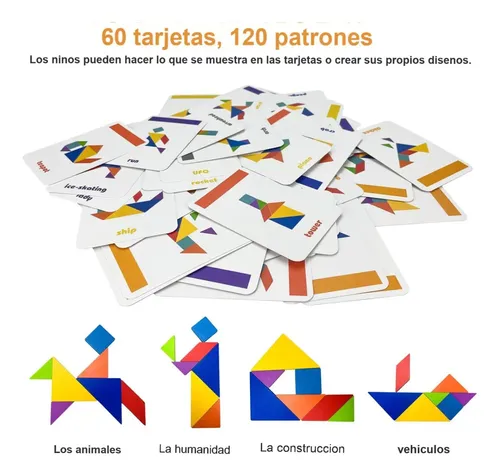 Tangram De Madera De 7 Piezas Con 66 Tarjetas | Puzzle Educativo Montessori Para Niños Y Adultos | Incluye Caja Metálica