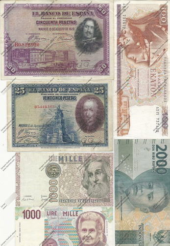 6 Billetes: Italia-españa-grecia-indonesia ¡muy Buenos! 