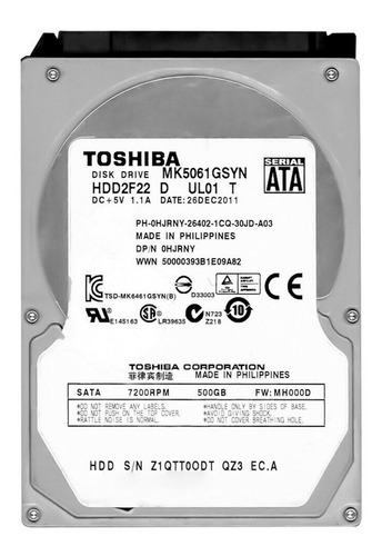 Disco Interno Toshiba 500gb 2.5  Hdd Mk5061gsyn ( Open Box )