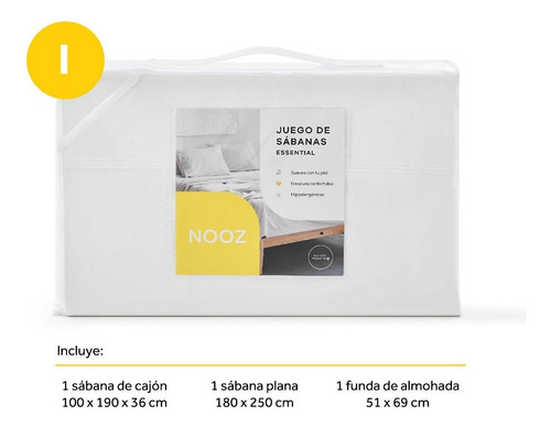 Juego De Sábanas Nooz Microfibra Tamaño Individual Color Blanco Diseño de la tela Liso