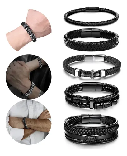 Black Leather Bracelet Magnetic Buckle Gift 5pcs | MercadoLivre