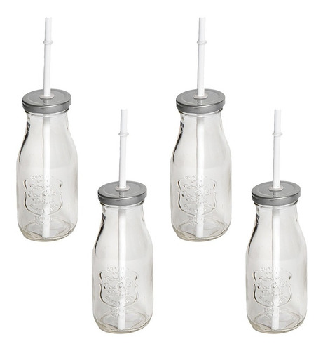 Set X4 Botellas 250 Ml Vidrio Con Sorbete Y Tapa Rosca Plata
